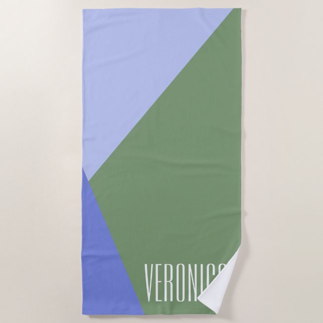 Cute Green and Purple Geometric Art Personalized Beach Towel (Front)