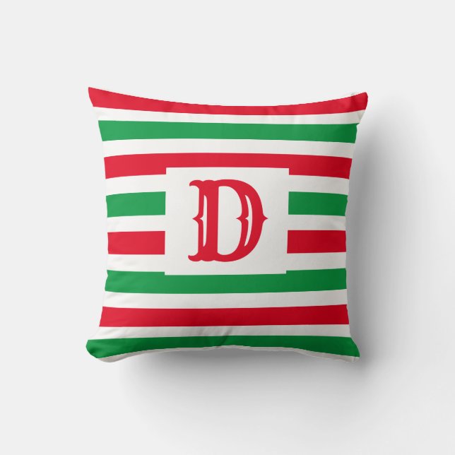 Cute Green and Red Striped Design Single Initial Throw Pillow (Front)