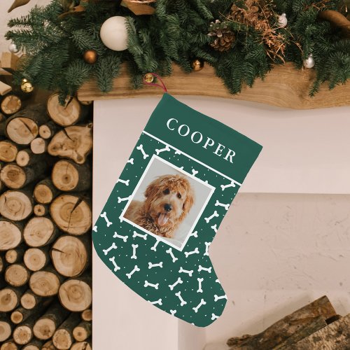 Cute Green and White Dog Bone Pattern Dog Photo Small Christmas Stocking