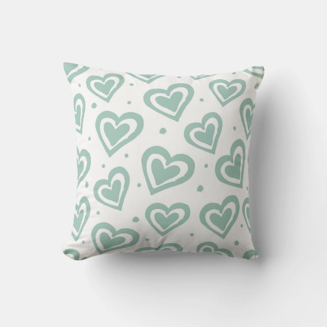 Cute Green and White Heart Pattern Throw Pillow (Front)