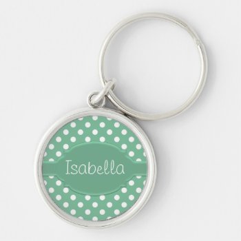 Cute Green And White Polka Dot Pattern & Nameplate Keychain by DoodlesGiftShop at Zazzle