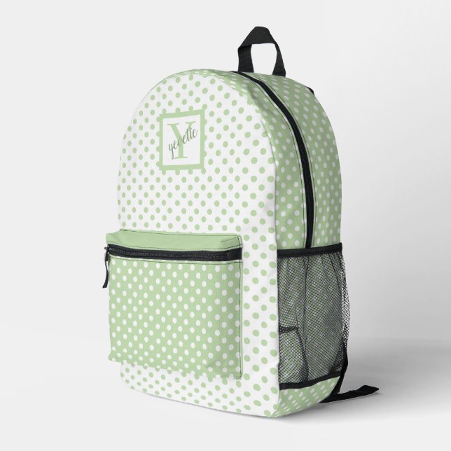 Cute Green and White Polka Dots Printed Backpack (Back Corner Right)