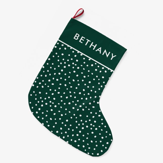 Cute Green And White Snow Pattern Custom Name  Large Christmas Stocking (Front (Hanging))