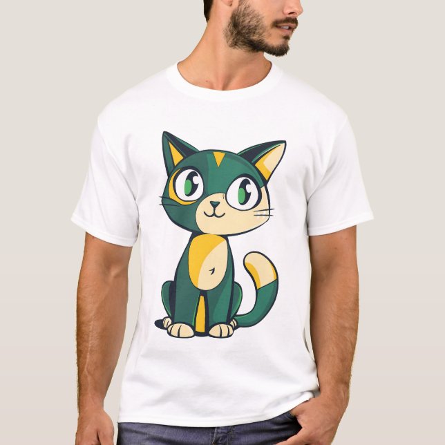 Cute Green and Yellow Cartoon Cat Illustration T-Shirt (Front)