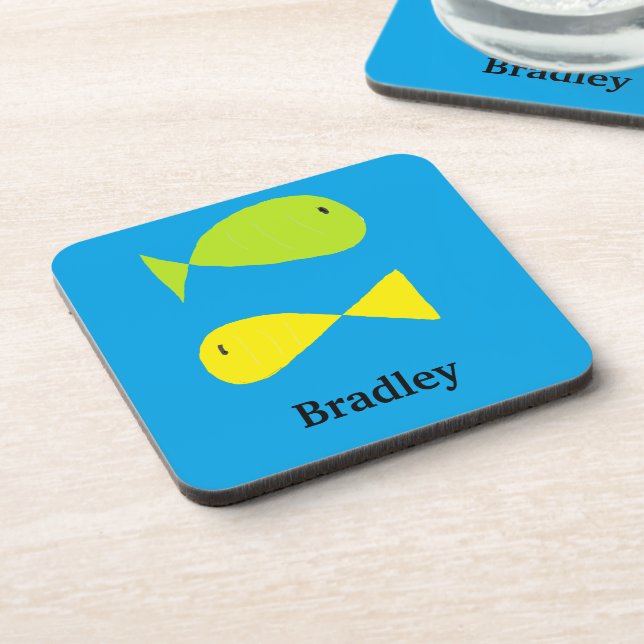 Cute green and yellow fishes on blue beverage coaster (Left Side)