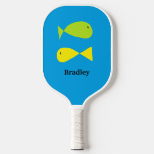 Cute green and yellow fishes on blue pickleball paddle
