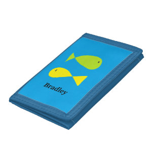 Cute green and yellow fishes on blue tri-fold wallet