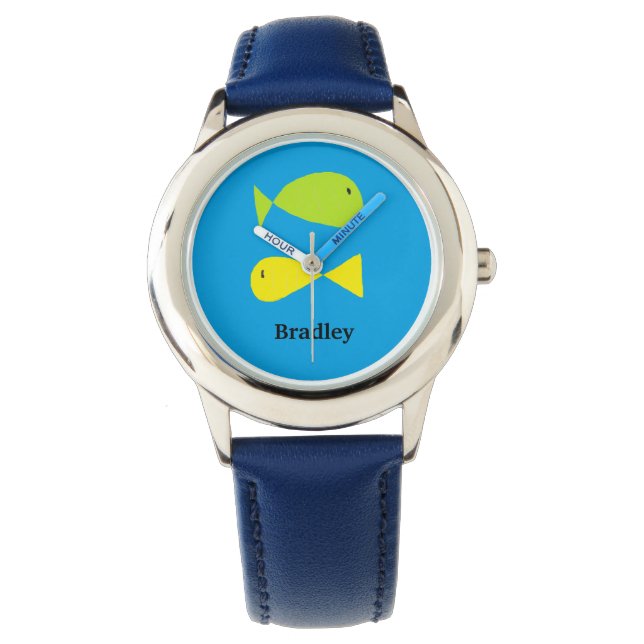 Cute green and yellow fishes on blue watch (Front)