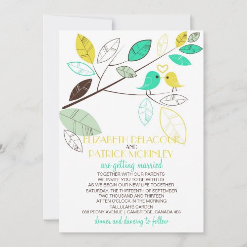 Cute Green and Yellow Lovebirds Wedding Invitation