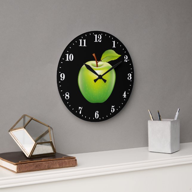 Cute green apple lover kitchen decor large clock (Office)