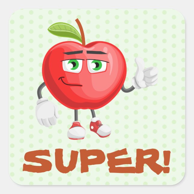 Cute Green Apple Thumbs Up Super Kids Reward   Square Sticker (Front)