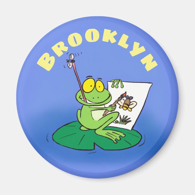 Cute green artist frog on lily pad cartoon magnet (Front)