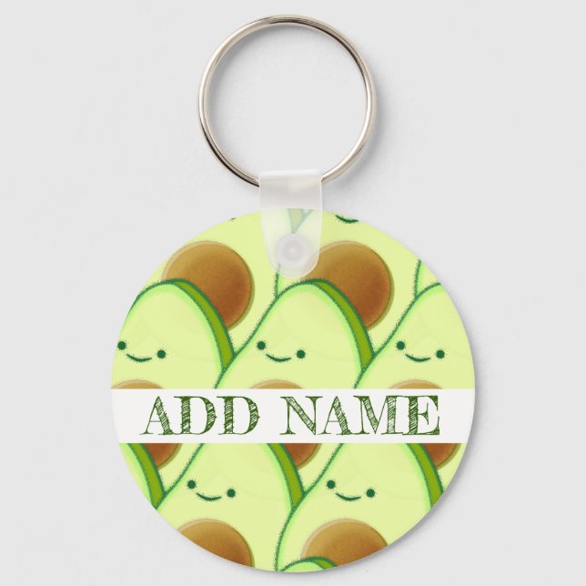 Cute Green Avocado All Over Drawing Custom Name Keychain (Front)