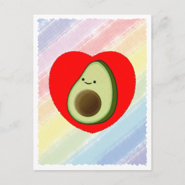 Cute Green Avocado Cartoon In Red Heart Postcard (Front)