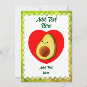 Cute Green Avocado Cartoon In Red Heart Vintage Invitation