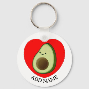 Cute Green Avocado In Red Heart Custom Name Keychain