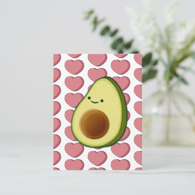 Cute Green Avocado In Red Heart Valentines Postcard (Standing Front)
