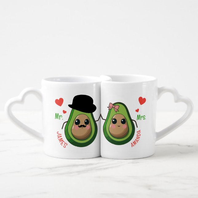 Cute Green Avocados Custom Couple Matching Coffee Mug Set (Front Nesting)