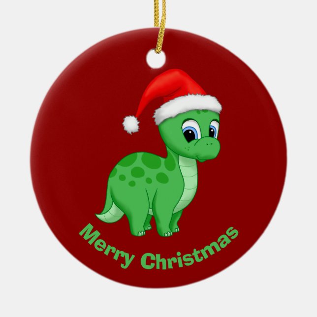 Cute Green Baby Brontosaurus Dinosaur Ceramic Ornament (Front)