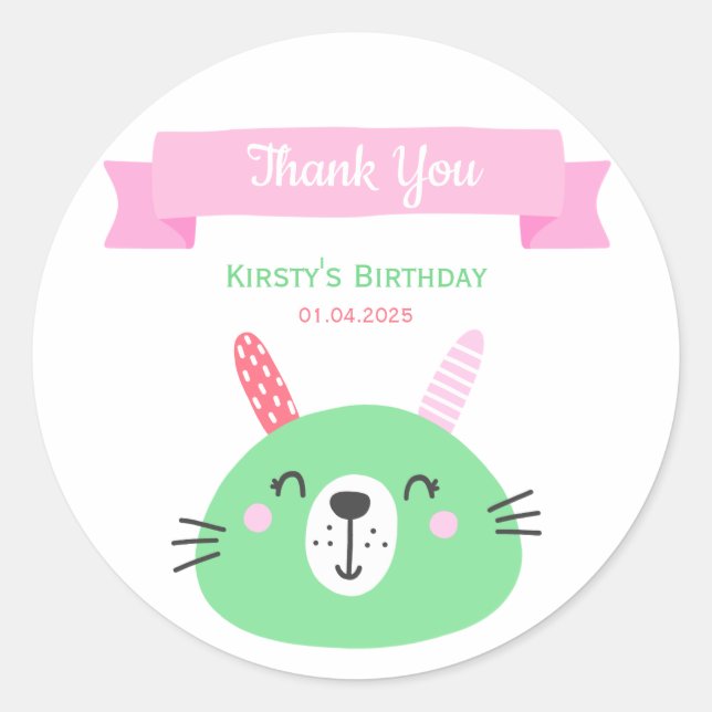 Cute Green Baby Bunny | Kids Birthday | Thank You Classic Round Sticker (Front)