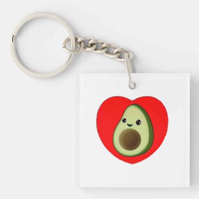 Cute Green Baby Cartoon Avocado In Red Heart Keychain (Front)