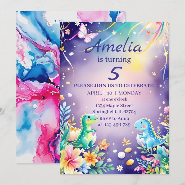 Cute green baby dinosaur with blue theme invitation (Front/Back)