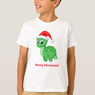 Cute Green Baby Dinosaur with Santa Hat T-Shirt