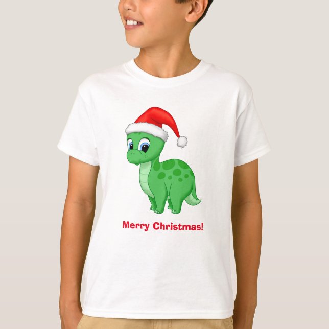 Cute Green Baby Dinosaur with Santa Hat T-Shirt (Front)