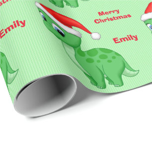 Cute Green Baby Dinosour with Santa Hat Wrapping Paper