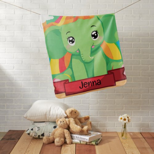 Cute Green Baby Elephant Rainbow Custom Name Baby Blanket