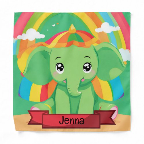 Cute Green Baby Elephant Rainbow Custom Name Bandana