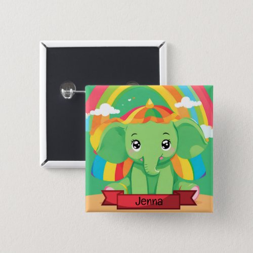 Cute Green Baby Elephant Rainbow Custom Name Button