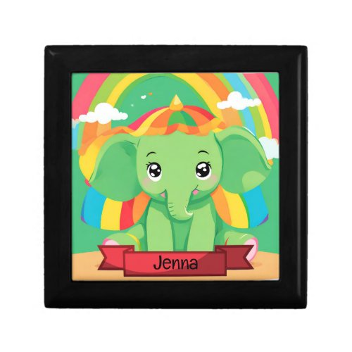 Cute Green Baby Elephant Rainbow Custom Name Gift Box