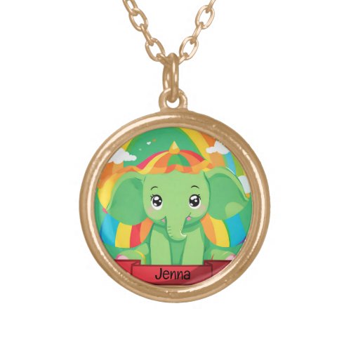 Cute Green Baby Elephant Rainbow Custom Name Gold Plated Necklace