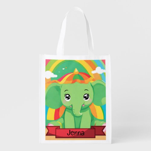 Cute Green Baby Elephant Rainbow Custom Name Grocery Bag