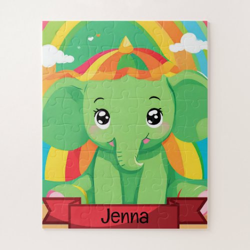 Cute Green Baby Elephant Rainbow Custom Name Jigsaw Puzzle
