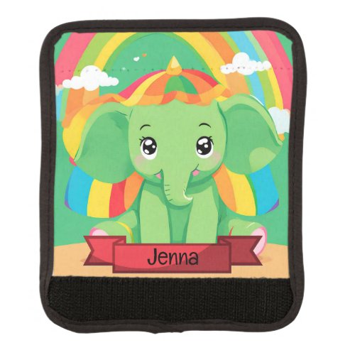 Cute Green Baby Elephant Rainbow Custom Name Luggage Handle Wrap