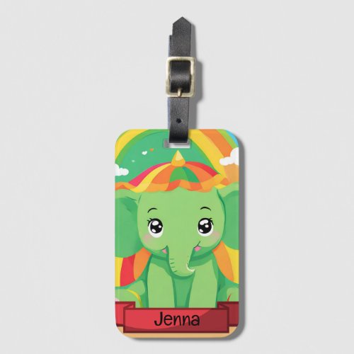 Cute Green Baby Elephant Rainbow Custom Name Luggage Tag