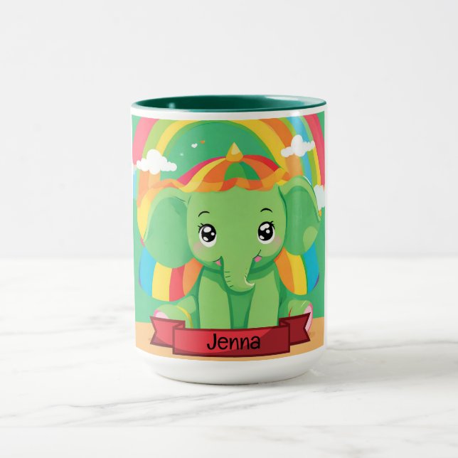 Cute Green Baby Elephant Rainbow Custom Name Mug (Center)