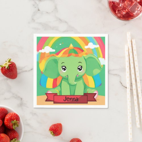 Cute Green Baby Elephant Rainbow Custom Name Napkins