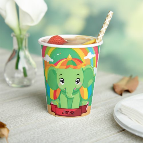 Cute Green Baby Elephant Rainbow Custom Name Paper Cups