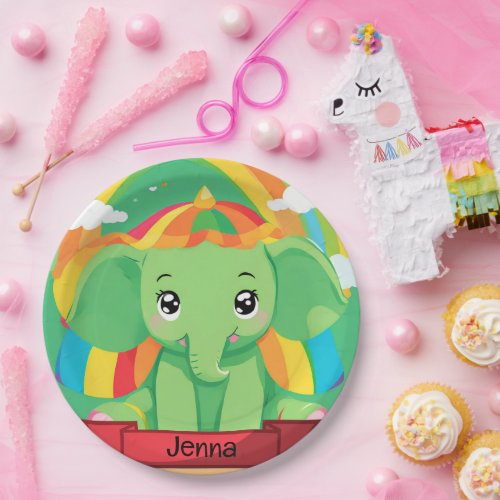 Cute Green Baby Elephant Rainbow Custom Name Paper Plates
