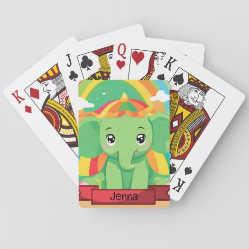 Cute Green Baby Elephant Rainbow Custom Name Poker Cards