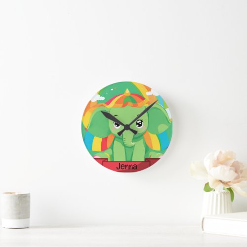 Cute Green Baby Elephant Rainbow Custom Name Round Clock