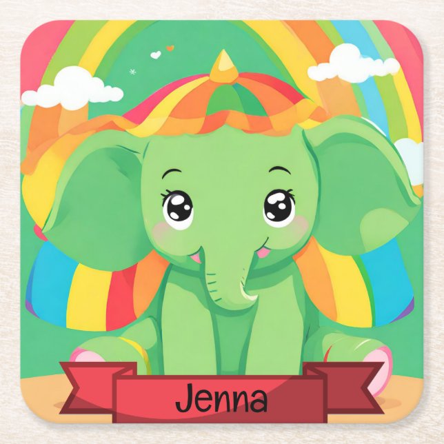 Cute Green Baby Elephant Rainbow Custom Name Square Paper Coaster (Front)