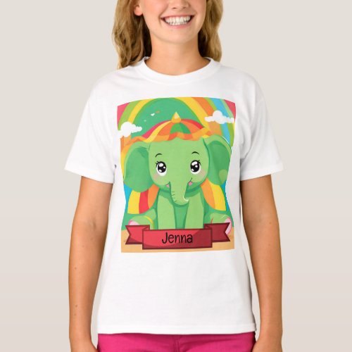 Cute Green Baby Elephant Rainbow Custom Name T_Shirt