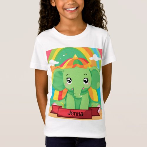Cute Green Baby Elephant Rainbow Custom Name T_Shirt