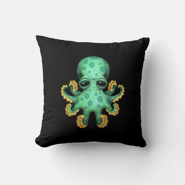 Cute Green Baby Octopus on Black Throw Pillow (Front)