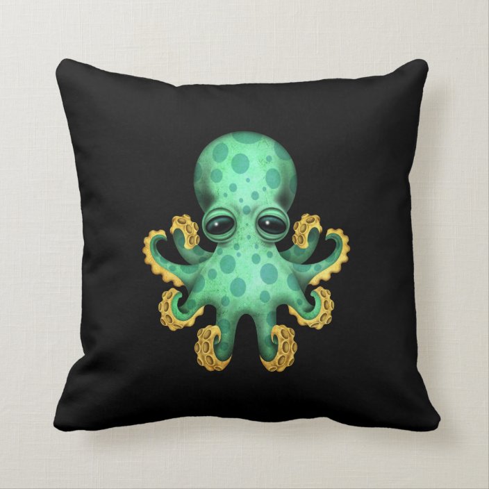 Cute Green Baby Octopus on Black Throw Pillow