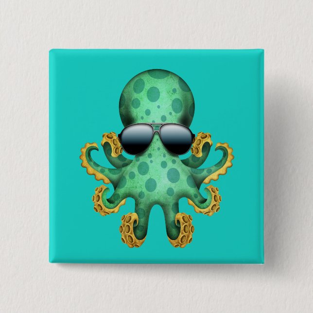 Cute Green Baby Octopus Wearing Sunglasses Button (Front)